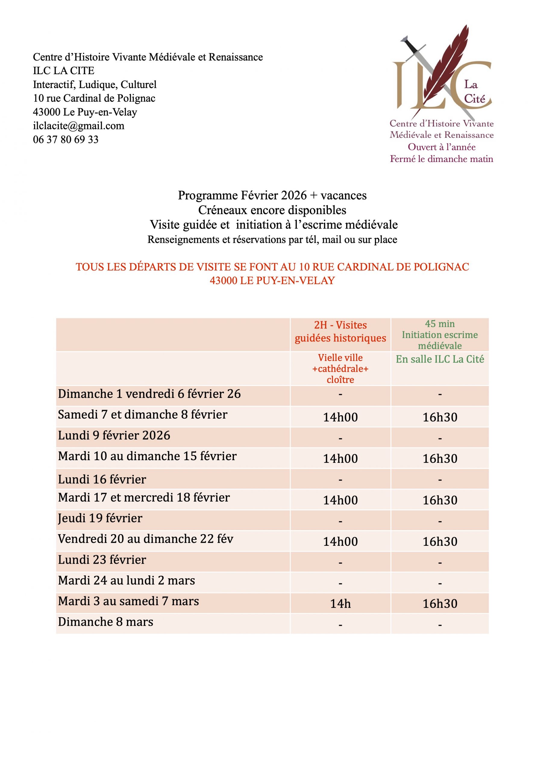 Programme visite guidée le Puy-en-Velay février 2026